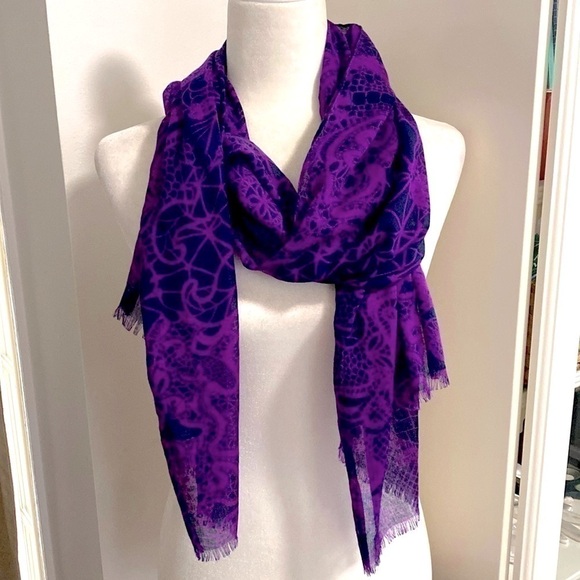 Purple Navy Whimsical Whimsigoth Paisley Bohemian Lightweight Raw Edges Scarf - Picture 1 of 16